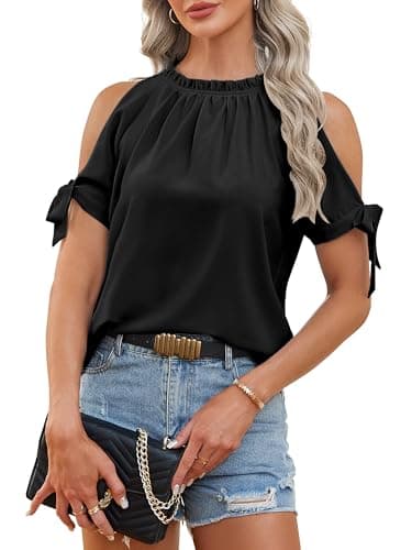 CCTOO Womens Tops Dressy Casual Cold Shoulder Bow Tie Collar Blouses Fashion Shirts for Work 1221Black Medium