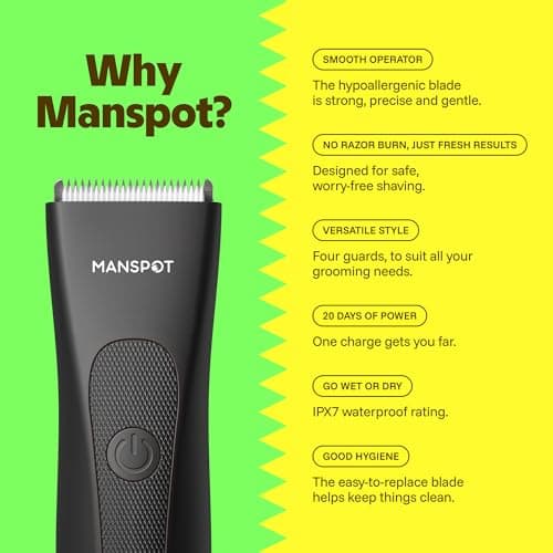 MANSPOT Manscape Groin & Body Hair Trimmer for Men, Electric Ball Pubic Trimmer Shaver,Manscape Kit with 4 Guard,Replaceable Ceramic Blade Heads,Waterproof Wet/Dry Shaver,90 Minute thumbnail 2