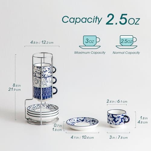 vancasso 2.5OZ Espresso Cups Set of 4, Porcelain Stackable Cappuccino Cups, Demitasse Coffee Cups and Saucers Set with Metal Stand for Specialty Drinks, Series SELENE (Vintage Blue thumbnail 3