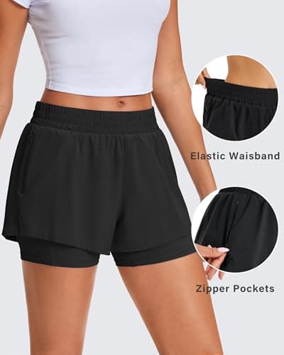 Stelle Women's 2 in 1 Running Shorts Athletic Workout Gym Shorts High Waisted Shorts with Liner Zipper Pockets (Black, Large) thumbnail 5