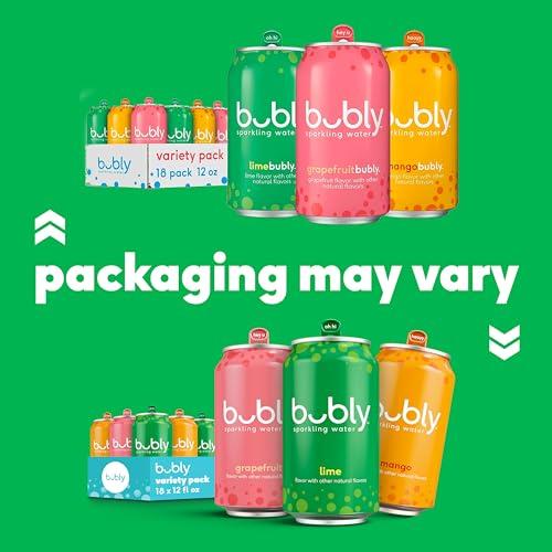 Agua Mineral bubly: Paquete Surtido 3 Sabores (Bellini, Fresa Atardecer, Coco Piña) – 18 Latas, Cero Azúcar y Calorías