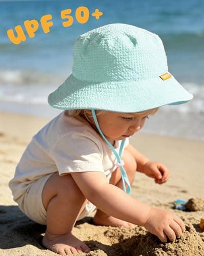 HONGTEYA Baby Sun Hat Toddler Boy Bucket Hat Kids Summer Beach Hat Wide Brim Sun Protection White/Lightblue