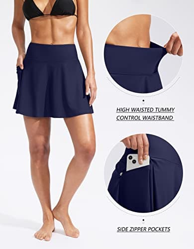 Kayrth Women's High Waisted Swim Skirt with Zipper Pockets Tummy Control Bathing Suit Swimsuit Tankini Bottoms Navy thumbnail 3
