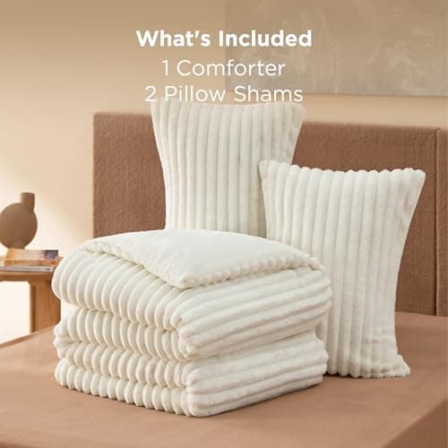 Bedsure Queen Fluffy Comforter Set - GentleSoft 3 Pieces Luxury Fleece Cream White Bedding, Cozy Room Decor Aesthetic, 1 Queen Bed Comforter (90"x90") and 2 Pillowcases (20"x26") thumbnail 9