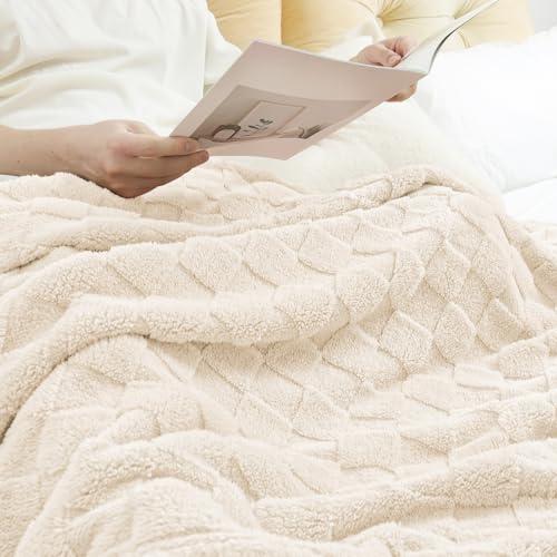 Exclusivo Mezcla Fleece Throw Blanket for Couch,Super Soft and Warm Lightweight Checkered Pattern Blankets for All Seasons, 50x60 Inches, Ivory thumbnail 5