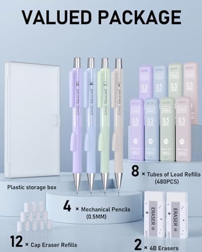 Four Candies Cute Mechanical Pencil Set with Case, 4PCS 0.5mm Pastel Fast Click Aesthetic Mechanical Pencils with 480PCS HB Lead Refills, 2 Erasers, 12 Eraser Refills School Suppli thumbnail 7