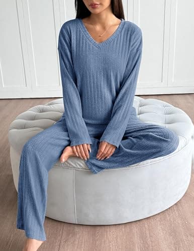 Ekouaer Lounge Sets for Women Long Sleeve Knit Ribbed Pajama Sets 2 Piece Casual Loungewear with Pockets thumbnail 4