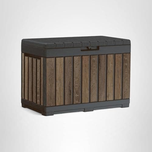 Keter Signature Everwood 50 Gallon Resin Deck Box-Organization and Storage for Patio Cushions, Throw Pillows and Garden Tools, Walnut