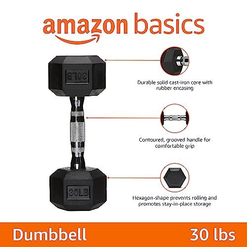 Amazon Basics Rubber Hex Dumbbell Hand Weight, 30 Pounds, Single, Black thumbnail 2