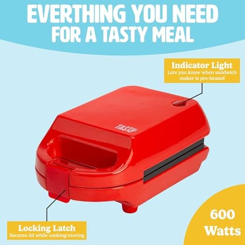 Tasty Mini Sandwich Maker, Makes Sandwiches, Paninis, Grilled Cheese, Desserts, Quick Results, Easy Cleanup, 600W, Red thumbnail 5