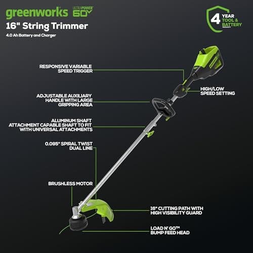 Desbrozadora inalámbrica Greenworks 60V de 16 pulgadas con batería de 4.0 Ah