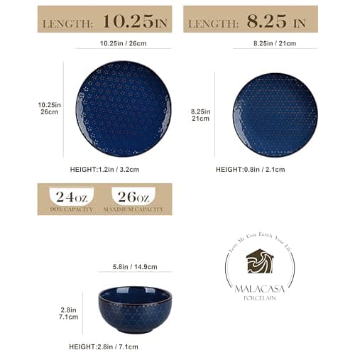 MALACASA 12 Pieces Dinnerware Sets, Modern Plates and Bowls Sets, Blue Dish Set for 4, Kitchen Ceramic Dinner Plates Dishware Set, Microwave and Dishwasher Safe, Series LYDIA thumbnail 2