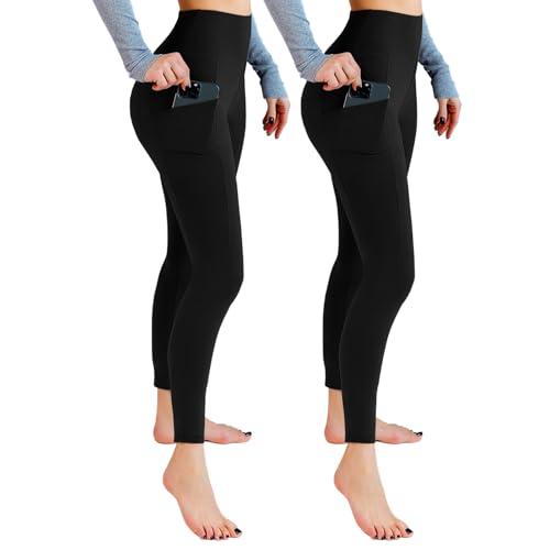 Leafigure 2 Pack Leggings with Pockets for Women, High Waisted Soft Leggings for Yoga Gym Black SM