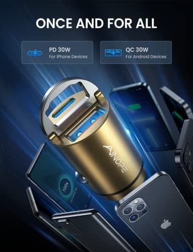 AINOPE 60W USB C Car Charger Fast Charging for iPhone 17 Pro Max Plus,[Smallest Metal] Car Charger USB C PD30+QC30W 3.0 Dual Port Cigarette Lighter Charger for iPhone 16 15 Samsung thumbnail 6