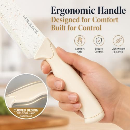 HENKELIVING 14-Piece Cream Kitchen Knife Block Set with Built-in Sharpener | Dishwasher safe, german high-carbon stainless steel blades, ultra-sharp edges, ergonomic non-slip handles thumbnail 6