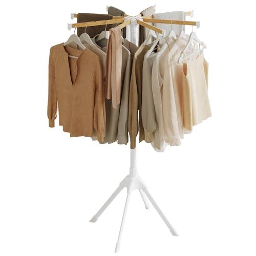 SONGMICS Clothes Drying Rack, with Bamboo Hanging Rods, Foldable Metal Laundry Rack, Space-Saving, Free-Standing Airer, Indoor Use, White and Natural ULLR516W01