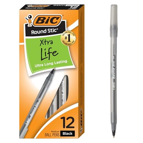 Plumas BIC Round Stic Xtra Life Negras, Punto Mediano (1.0mm), Paquete de 12
