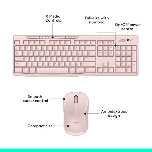 Logitech MK270 Wireless Keyboard and Mouse Combo for Windows, 2.4 GHz, 8 Multimedia Keys, PC, Laptop, Wireless Keyboard Compact Mouse Combo - Rose