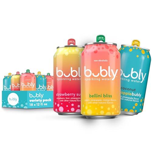 Agua Mineral bubly: Paquete Surtido 3 Sabores (Bellini, Fresa Atardecer, Coco Piña) – 18 Latas, Cero Azúcar y Calorías