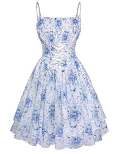Scarlet Darkness Women Corset Milkmaid Dress Cottagecore Floral Sundress Blue Floral L