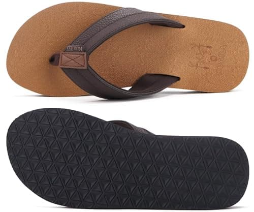 KuaiLu Mens Leather Flip Flops Arch Support Summer Beach Pool Water Thong Sandals Waterproof Essentials Walking Shoes Slip on Orthotic Casual Sport Cushioned Wide Slides Shower Sli thumbnail 9