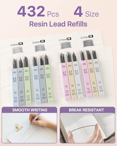 Four Candies Pastel Mechanical Pencil Set,6PCS Cute Mechanical Pencils with 432PCS 0.5 & 0.7 mm HB/2B Leads, 3PCS Erasers, 9PCS Eraser Refills,School Supplies for Writing, Drawing 