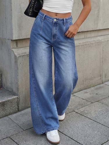 Trendy Queen Women's Wide Leg Jeans with Side Pleats - Baggy Casual Denim Pants in Soft, Drapery Fabric Blue 4 thumbnail 2