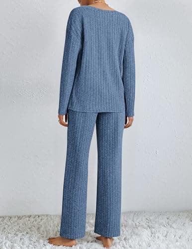 Ekouaer Lounge Sets for Women Long Sleeve Knit Ribbed Pajama Sets 2 Piece Casual Loungewear with Pockets thumbnail 5