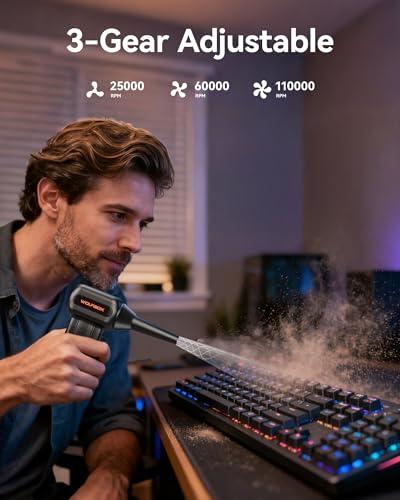 WOLFBOX MF60 Compressed Air Duster-110000RPM Super Power Electric Air Duster, 3-Speed Adjustable Rechargeable Cordless Air Blower with Fast Charging for PC Keyboard Cleaning, Car,  thumbnail 3