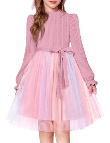Arshiner Pink Rainbow Fall Spring Tulle Dress for Tween Girl Valentines Party Sweater Tutu Dresses for 12-13 Years