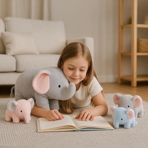WEIGEDU Elephant Plush Toy Set – 4-Piece Stuffed Animal Family with Zipper Storage | Soft Elephant Dolls for Toddlers & Kids | Grey, Blue, Pink Nursery Decor