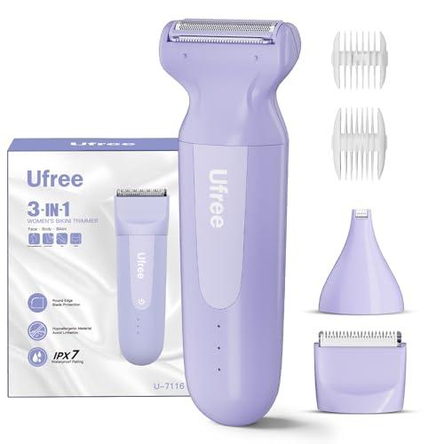 Ufree 3-in-1 Women's Electric Razor with Ceramic Blades, IPX7 Waterproof Bikini Trimmer for Women, Pubic Hair Trimmer, Cordless Rechargeable Shaver for Legs, Armpit, Valentine's Gi
