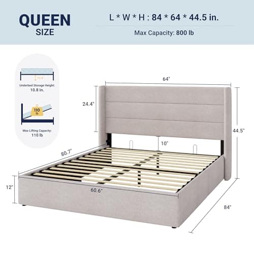 Allewie Queen Size Lift Up Storage Bed, Modern Wingback Headboard, Hydraulic Support, No Box Spring Needed, Light Beige thumbnail 2