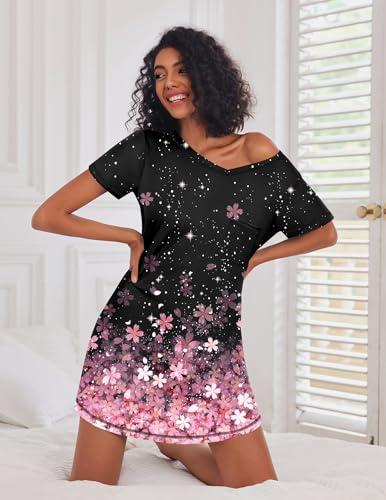 Ekouaer 3 Pack Nightgowns for Women Short Sleeve Sleep Shirts T Shirt Night Gown V Neck Nightshirts Soft Sleepwear Dress