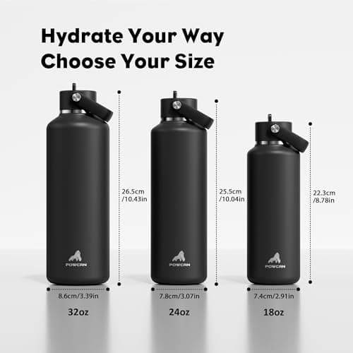 Miniatura de Botella de agua aislada POWCAN de 24 oz con popote: a prueba de fugas, mantiene frío 24h, ideal para portavasos (Negro) 7