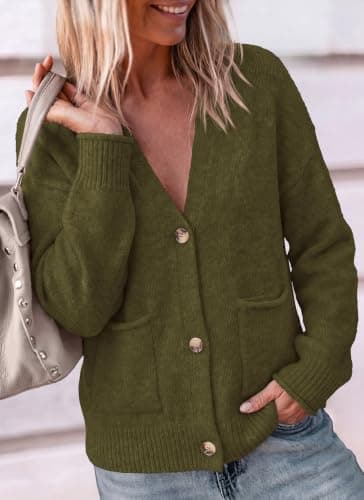 Miniatura de Cárdigan Corto Casual Dowerme para Mujer con Botones, Tejido Grueso, Verde Militar, Talla S 2