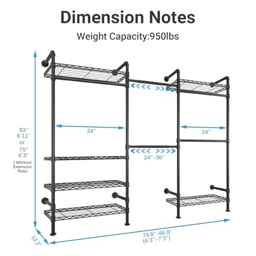 Timate F3 Garment Rack Heavy Duty Clothes Rack for Hanging Clothes, Expandable Industrial Pipe Wall Mounted Clothing Racks, Adjustable Storage Wardrobe Closet Kit Walk in Closet Sy thumbnail 4