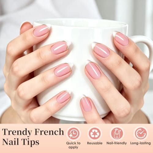 HELIVIVE French Tip Press On Nails, Short Almond 32Pcs 16 Sizes Fake Nails | Reusable Stick-On Nails with Glue, 3 Weeks Wear,Salon-Quality Natural Fake Nails,Curved Fit,Nude Pink & White with Gold Lin