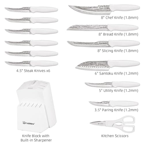 KATISUN Knife Set - 15 PCS Kitchen Knife Set with Built-in Sharpener Block, German Precision Forged Stainless Steel Blades, Ergonomic Handles, Dishwasher Safe, White thumbnail 3