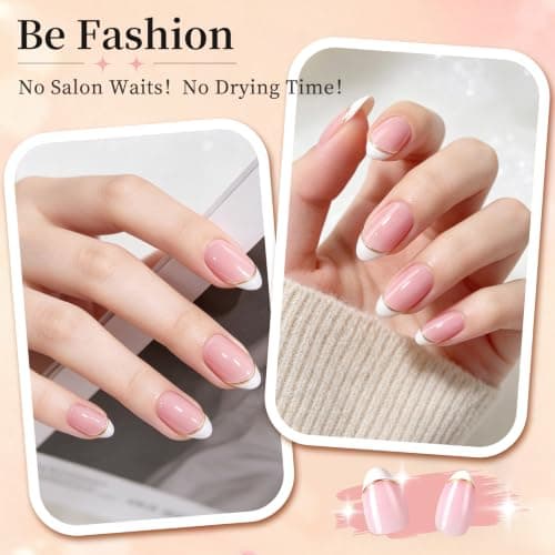 HELIVIVE French Tip Press On Nails, Short Almond 32Pcs 16 Sizes Fake Nails | Reusable Stick-On Nails with Glue, 3 Weeks Wear,Salon-Quality Natural Fake Nails,Curved Fit,Nude Pink & White with Gold Lin