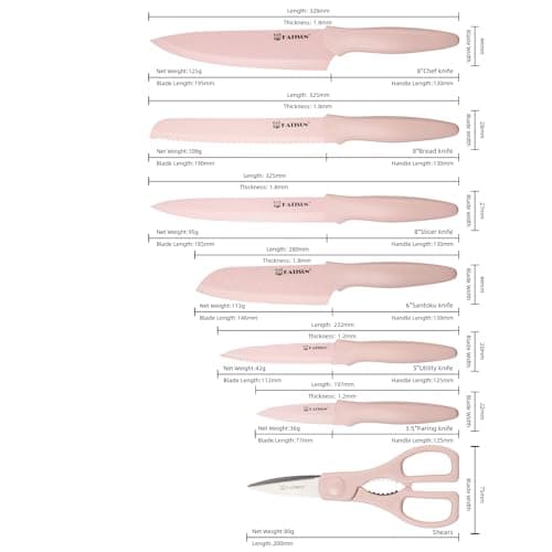 Juego de Cuchillos de Cocina Antiadherentes KATISUN, Rosa, 13 Pzas con 6 Fundas