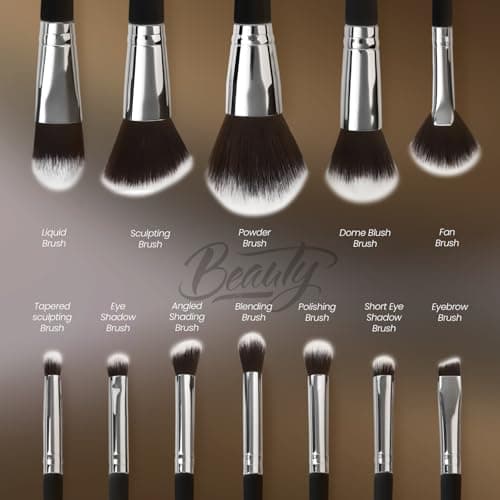 Makeup Brush Set with Case, Synthetic Bristles, Wood Handle, 12 Pcs