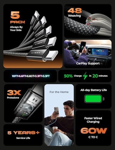Miniatura de Paquete de 5 Cables LISEN USB-C a USB-C 60W de Carga Rápida 2