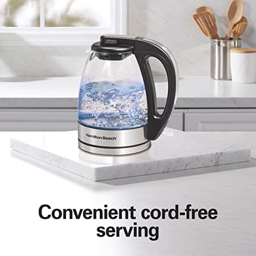 Hamilton Beach Electric Tea Kettle, Water Boiler & Heater, 1 Liter, 1500 Watts for Fast Boiling, BPA Free, Cordless Serving, Auto-Shutoff & Boil-Dry Protection, Blue LED, Glass (40