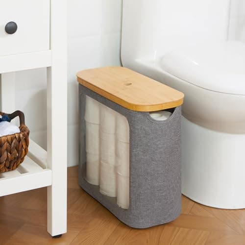 Miniatura de ROSOS Toilet Paper Basket, Toilet Paper Storage with Lid for 12 Rolls, Bathroom Storage Organizer with Bamboo Lid, Grey 5