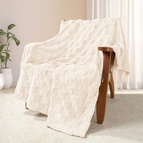 Exclusivo Mezcla Fleece Throw Blanket for Couch,Super Soft and Warm Lightweight Checkered Pattern Blankets for All Seasons, 50x60 Inches, Ivory thumbnail 4
