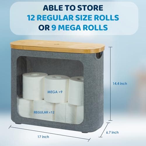 Miniatura de ROSOS Toilet Paper Basket, Toilet Paper Storage with Lid for 12 Rolls, Bathroom Storage Organizer with Bamboo Lid, Grey 6