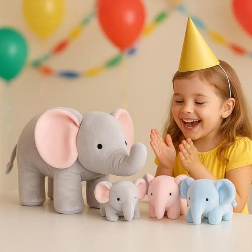 WEIGEDU Elephant Plush Toy Set – 4-Piece Stuffed Animal Family with Zipper Storage | Soft Elephant Dolls for Toddlers & Kids | Grey, Blue, Pink Nursery Decor