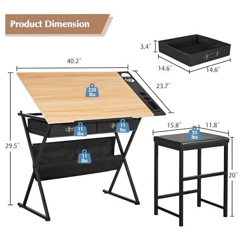 Miniatura de Mesa de Dibujo y Arte VECELO Ajustable con Cajones y Banco 3