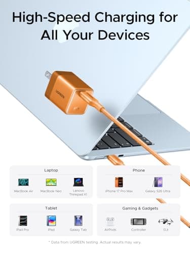 UGREEN Nexode Air 65W USB C Charger, Foldable Mini Charger Block Fast Charging with USB C Cable, GaN Charger for MacBook Air/Neo/Pro, iPhone 17 16, Galaxy S26/S25, iPad, Orange thumbnail 9